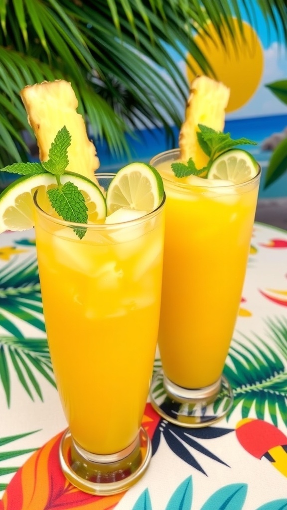 Two glasses of Twisted Tropical Mocktail with pineapple and lime garnishes on a tropical table.